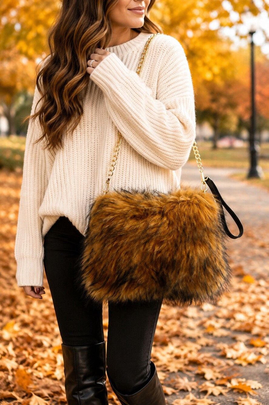 Faux Fur Shoulder Crossbody Bag Brown Gold Chain Cozy Winter Plush Handbag Purse
